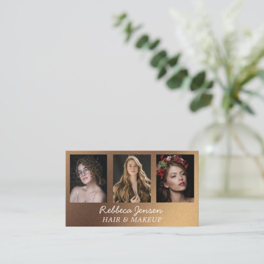 3モダンフォトヘア&メイクアップブラックと金ゴールド 名刺 (スタンド正面)