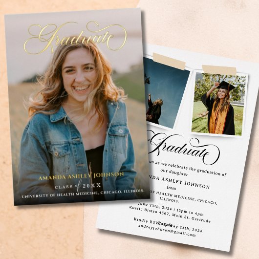 3モダンフォトホワイトスクリプトの卒業 箔招待状