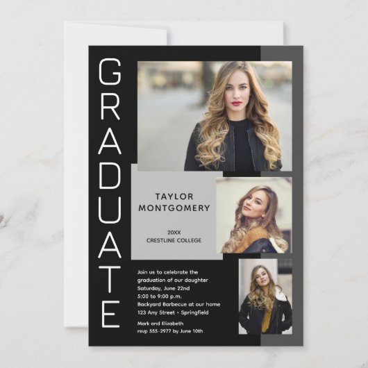 3モダン写真黒卒業 招待状 (正面)