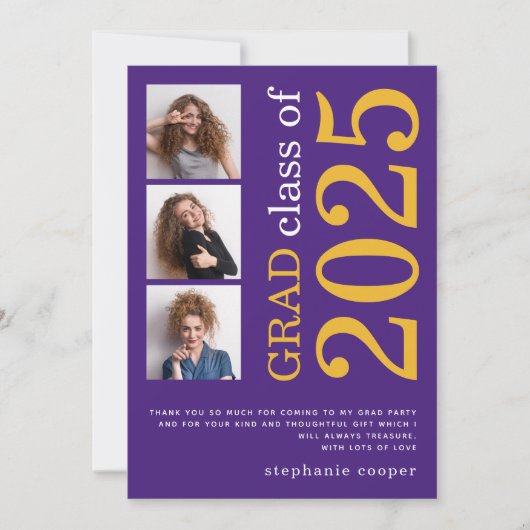 3モダン枚の写真はっきりした文字2023パープル卒業 サンキューカード (正面)