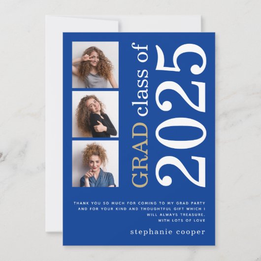 3モダン枚の写真はっきりした文字2025青い卒業 サンキューカード (正面)