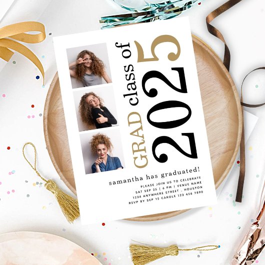 3モダン枚の写真ブラック金ゴールド2025白卒業 招待状