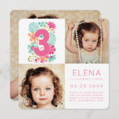 3モダン歳の誕生日の女の子フォトカード 招待状 (正面/裏面)