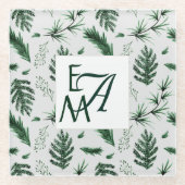 3モノグラムフォレストグリーン葉ズHome Decor Newlywed ガラスコースター (正面)