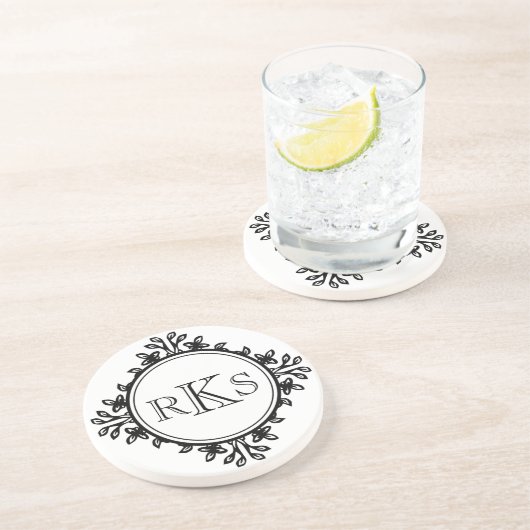 3モノグラム王室の白黒リーフ縁ど コースター (側面)