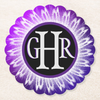 3レターメタリックモノグラムのパープルホワイトレース ペーパーコースター