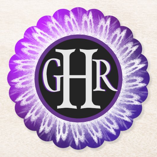 3レターメタリックモノグラムのパープルホワイトレース ペーパーコースター (正面)