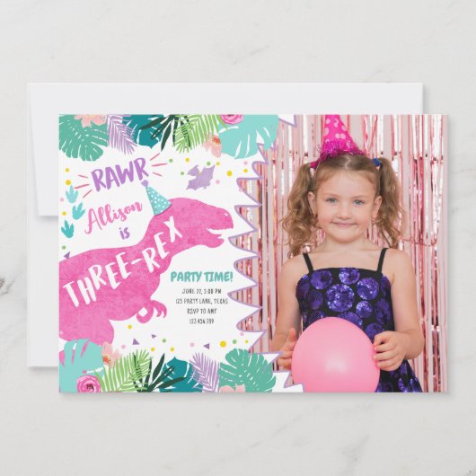 3レックスピンク恐竜の女の子3歳の誕生日 招待状 (正面)