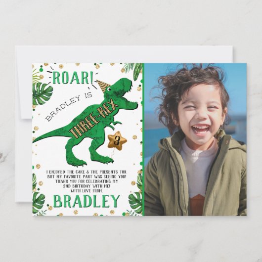 3レックス恐竜の三番目の誕生日の写真 サンキューカード (正面)
