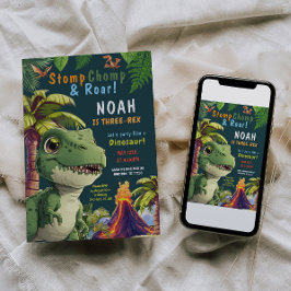 3レックス恐竜の3番目の誕生日の招待 招待状