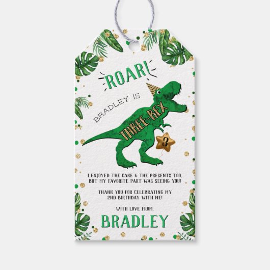 3レックス恐竜3回目の誕生日パーティーありがとう ギフトタグ (正面)
