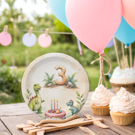 3レックス恐竜3番目の誕生日紙プレート ペーパープレート