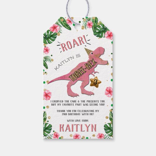3レックス恐竜3rd誕生日パーティーありがとうギ ギフトタグ (正面)