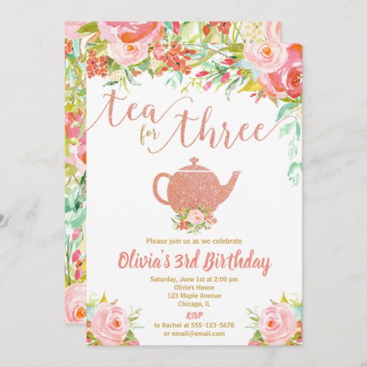 3人でお茶　ローズゴールドの女の子　3歳の誕生日 招待状 (正面/裏面)
