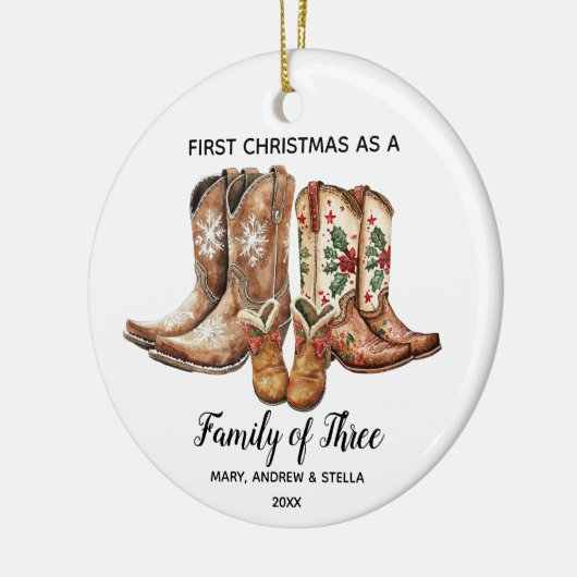3人のカウボーイ・キープサケの家族としてクリスマス1回目 セラミックオーナメント (左)