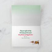 3人のシェットランド・ シープドッグが贈り物を包み、緑、折り畳み式クリスマス シーズンカード (内部)