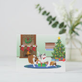 3人のシェットランド・ シープドッグが贈り物、緑、クリスマス シーズンポストカード (スタンド正面)