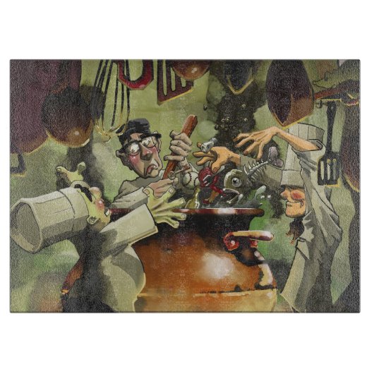 3人のシェフの装飾的なガラスまな板 カッティングボード (正面)