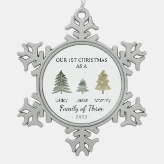 3人のバビーズファミリー初めてのクリスマス パーソナライズされた スノーフレークピューターオーナメント