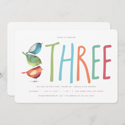 3人のバーディーの三番目の誕生日パーティーの招待 招待状 (正面/裏面)