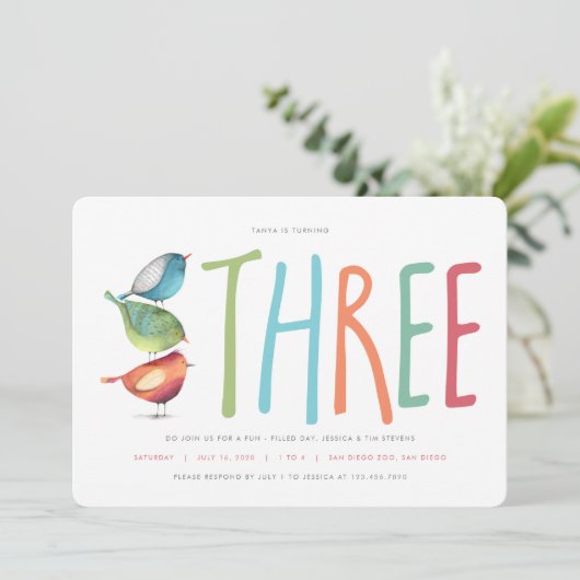 3人のバーディーの三番目の誕生日パーティーの招待 招待状 (スタンド正面)