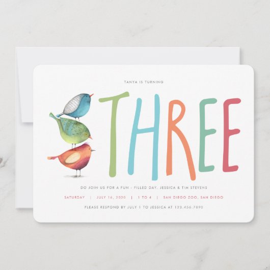 3人のバーディーの三番目の誕生日パーティーの招待 招待状 (正面)