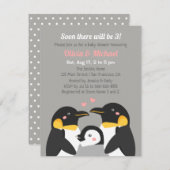 3人のベビーシャワーグレーのペンギンファミリー 招待状 (正面/裏面)