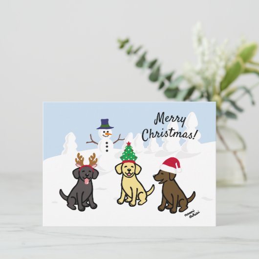 3人のラブラドールと雪だるまのクリスマス シーズンカード (スタンド正面)