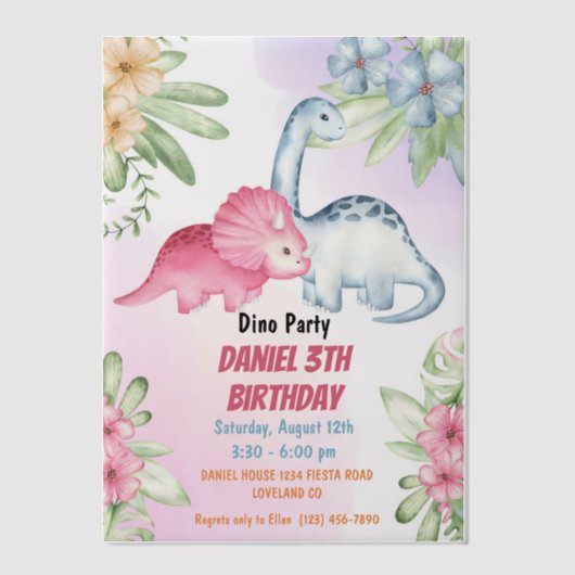 3人のレックスキッズ恐竜3回目の誕生日パーティー ベラム紙招待状 (正面)