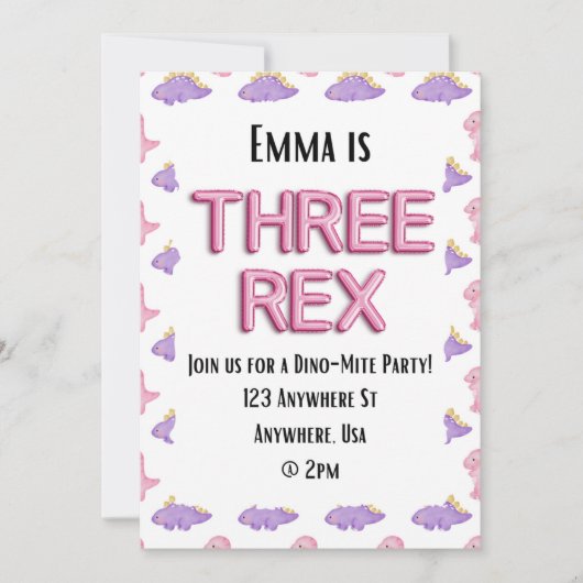3人のレックス女の子の恐竜の誕生日パーティーの招待 招待状 (正面)