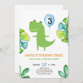 3人のレックス恐竜少年3歳の誕生日パーティー 招待状 (正面/裏面)
