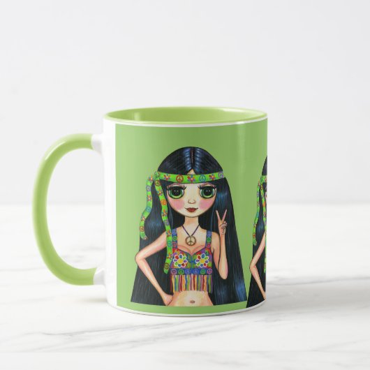 3人の大きい目のヒッピーの女の子の点滅のピースサイン マグカップ (左)