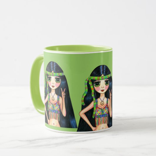 3人の大きい目のヒッピーの女の子の点滅のピースサイン マグカップ (正面左)