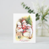 3人の女の子が新しい服を試すヴィンテージクリスマス シーズンポストカード (スタンド正面)