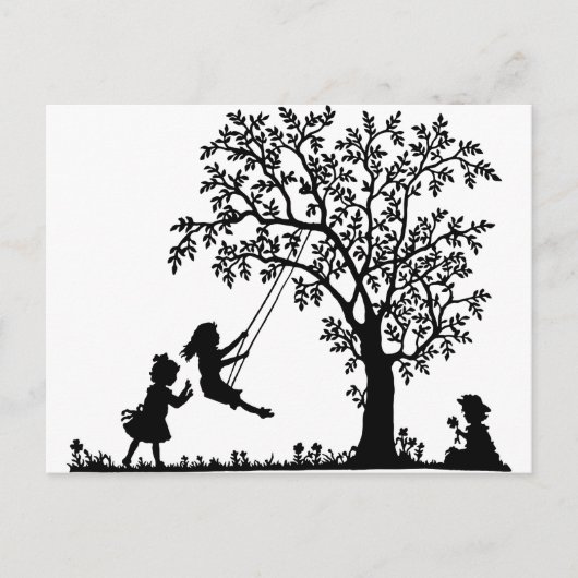3人の女の子、木のスイングと摘み花 ポストカード (正面)