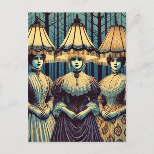 3人の女性とランシェード帽子レトロ ポストカード (正面)