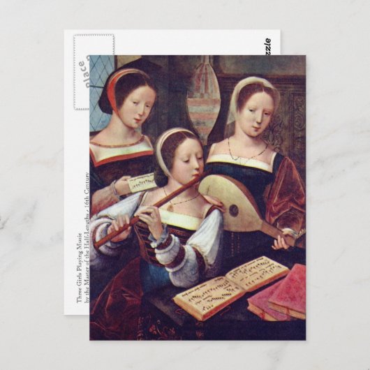 3人の女遊の子の音楽はがき ポストカード (正面/裏面)