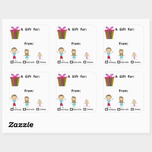 3人の子供が付いている愛らしいギフトのラベルはステッカーを示します スクエアシール (シート)