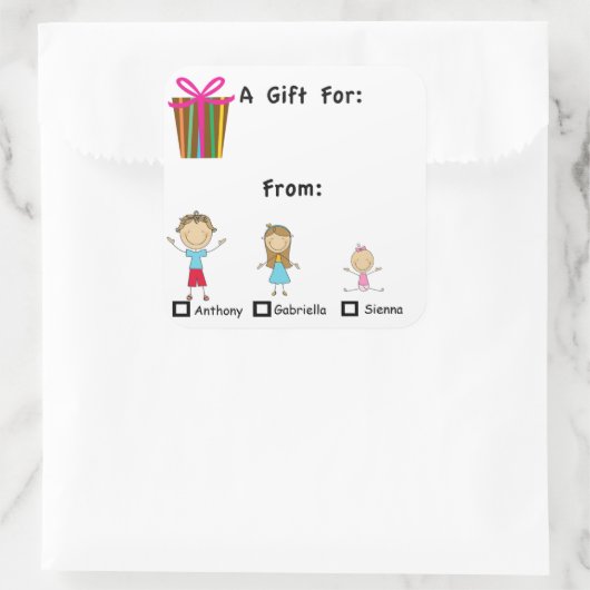 3人の子供が付いている愛らしいギフトのラベルはステッカーを示します スクエアシール (バッグ)