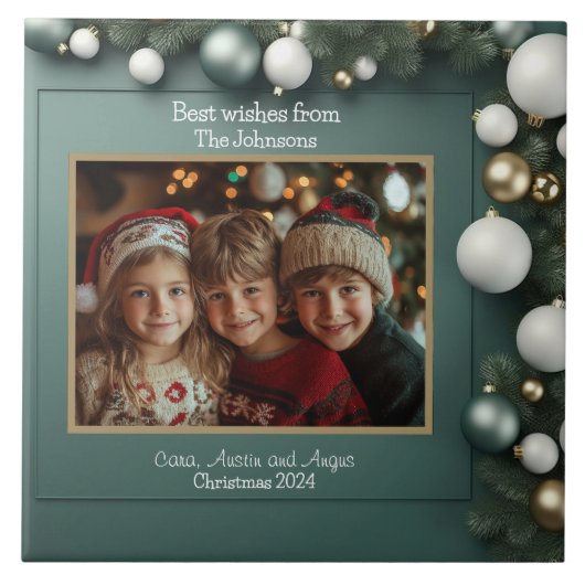 3人の子供たち家族の写真クリスマス タイル (正面)