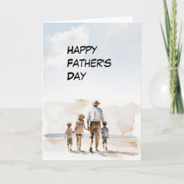 3人の子供とパパ歩くビーチ父の日 カード
