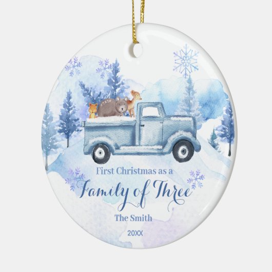 3人の家族としての冬の動物の雪のクリスマス セラミックオーナメント (左)