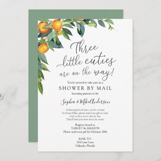 3人の小さなかわいこちゃんの赤ちゃんシャワー(郵便) 招待状 (正面/裏面)