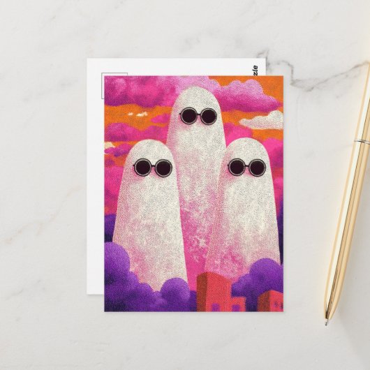 3人の幽霊がサングラスで雲の中 ポストカード (正面/裏面インサイチュ)