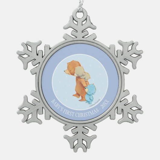 3人の愛らしいくまの友人 スノーフレークピューターオーナメント (正面)