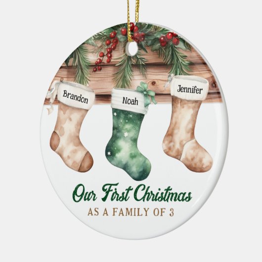 3人の新しい親の家族としての初めてのクリスマス セラミックオーナメント (左)