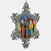 3人の王がクリスマスのベビーに贈り物を運ぶ スノーフレークピューターオーナメント (左)