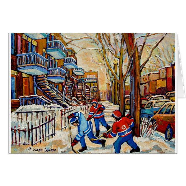 3人の男の子が付いている通りのホッケー (正面横)