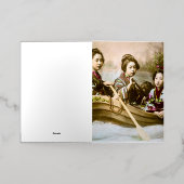 3人の芸者がボートに乗るヴィンテージグラス 箔グリーティングカード (外側レイダウン)