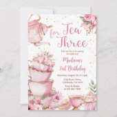 3人の誕生日パーティーピンクフローラティーパーティー 招待状 (正面)